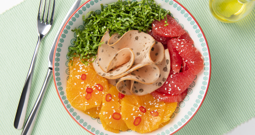 Lentil charcuterie, pink grapefruit, orange, bitter salad and chilli peppers 