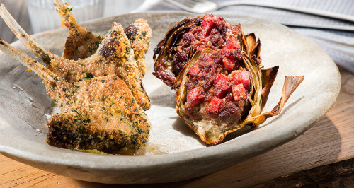 LAMB CHOPS IN AROMATIC BREADCRUMBS, STUFFED ARTICHOKES WITH SALAMI CUBES