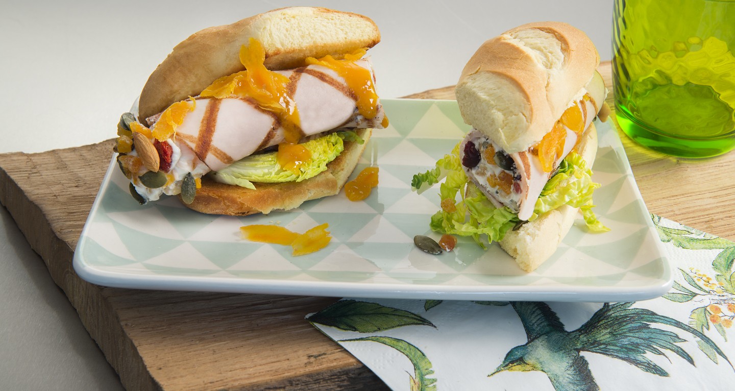 Stuffed turkey “hot dogs” with dried fruit, nuts and apricot ketchup