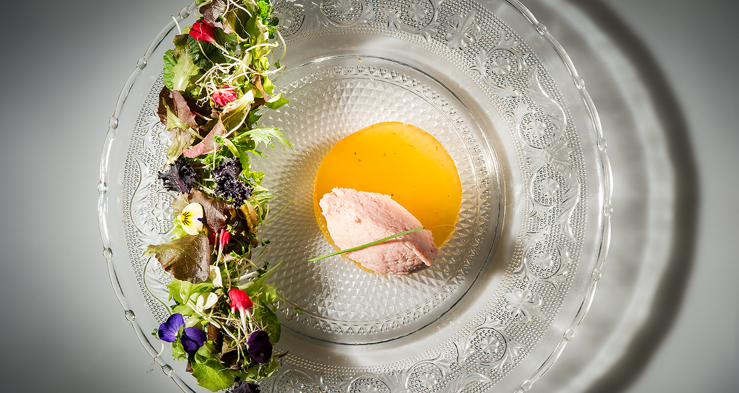 COOKED HAM MOUSSE WITH NUTMEG, COGNAC GELATINE AND MIXED-LEAF SALAD