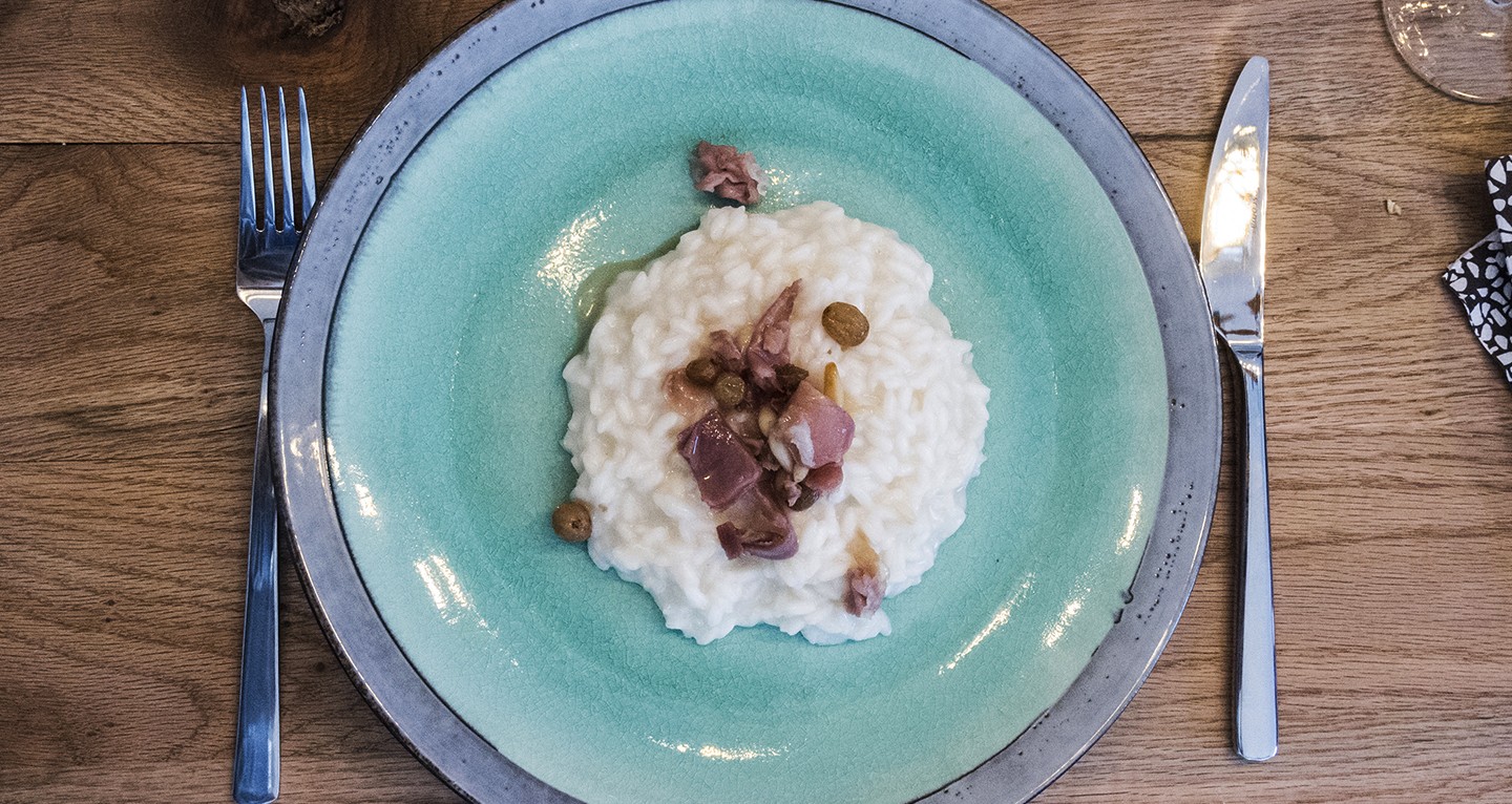 Caramelised cured ham risotto